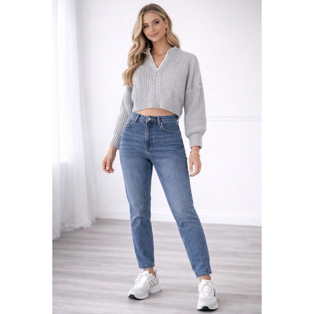 URBAN OUTFITTERS Cable Knit Crop Top Sweater SMALL Gray Zip Pullover Women's